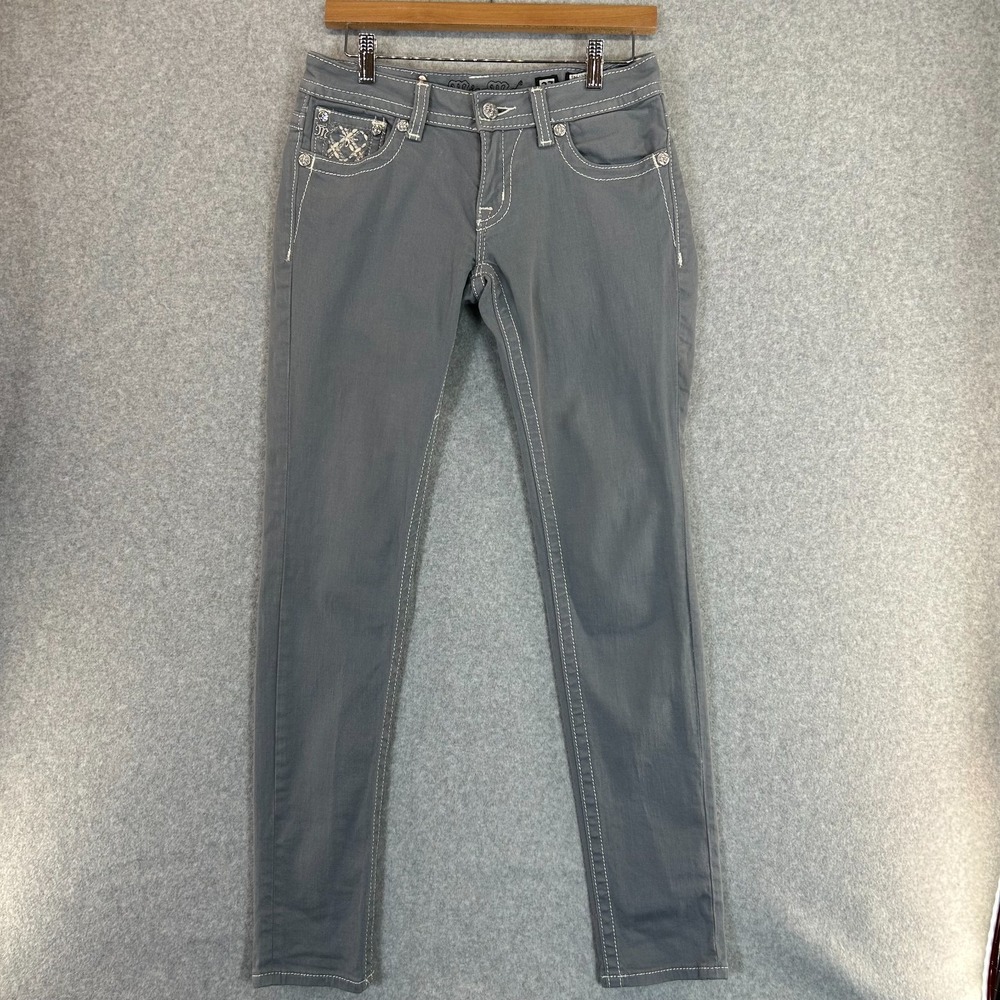 Miss Me Jeans Gray Rhinestone Embellished Denim Low Rise Glam Womens Size 27
